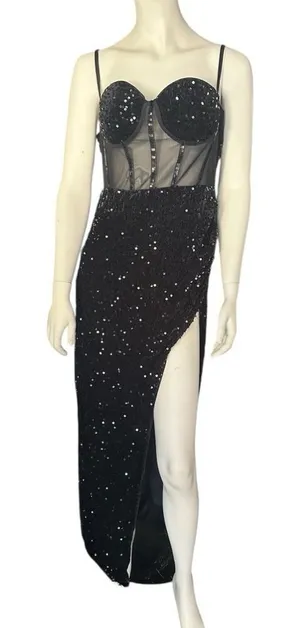 Boutique Beautiful Sequin Mesh Panel Split Thigh Maxi, Cami Dress Black XL NWOT thumbnail 1