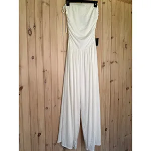 NWT Lulus Halloran White Pointelle Strapless Wide-Leg Jumpsuit Classy Party Sz L thumbnail 2