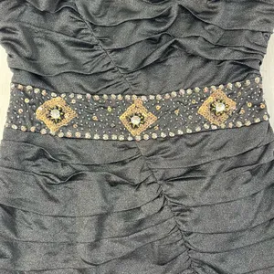 Nikibiki Black Strapless Ruched Gold Rhinestone Bling Bodycon Mini Dress Size M thumbnail 3