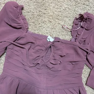 Astr Purple Pink Puff Sleeve Ruched Peplum Blouse thumbnail 3