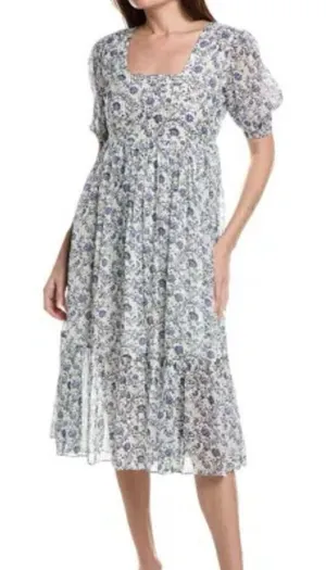 Garrie B blue floral square neck puff sleeve midi dress size M thumbnail 1