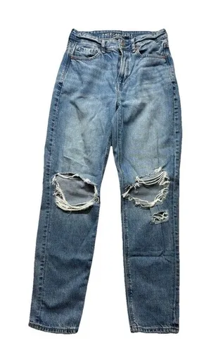 American Eagle Jeans Womens 4 Medium Wash Mom Jean Distressed Ripped Strigid thumbnail 1