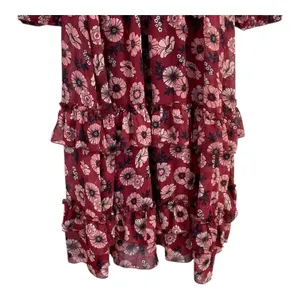 Teens Burgundy Floral Print Square Neck Long Sleeve‎ Tiered Ruffle Midi Dress 16 thumbnail 6