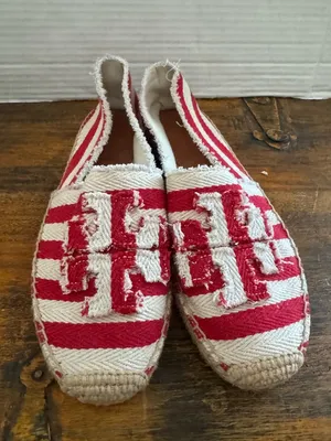 Tory Burch Fray Stripe Espadrille Flats Red White Canvas Logo Slip On Shoes 8.5 thumbnail 1