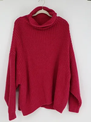 Free People Oversized Cowl Neck Sweater Fuchsia Pink Chunky Knit Slouchy Medium thumbnail 1