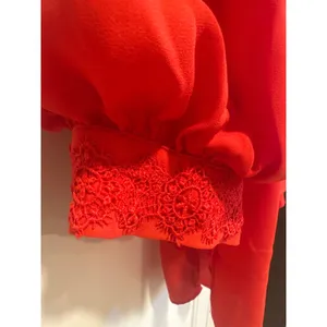 ODDI Red Blouse Top Size M Button Down Long Bishop Sleeve Crochet Trim thumbnail 3