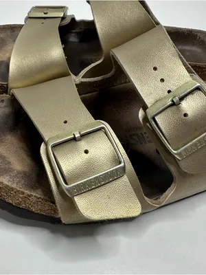 Birkenstock Unisex Arizona BS Birko-Flor Gold Two Strap Sandals Size 41 thumbnail 4