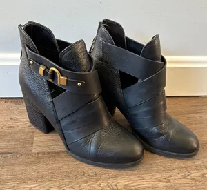 Isola |Black Leather Crisscross Ankle Booties with Gold Buckle sz 7M thumbnail 1