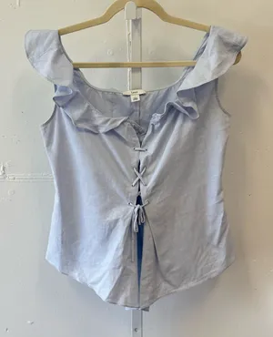 🍁 Lewit Linen Cotton Lace Up Ruffle Sleeveless Blouse Summer Boho Light Blue Sm thumbnail 1