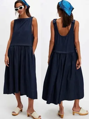 Free People Retro 90s Soraya Dark Denim Drop Waist Midi Jumper Dress Size Large thumbnail 2