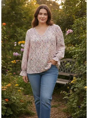 Davi & Dani Ditsy Floral Crochet Trim Blouse, Cream Multi, Plus Size 2XL thumbnail 7
