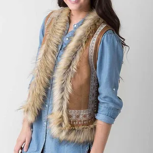 Flying Tomato Brown With white Embroidery Aztec faux fur sleeveless Vest Size M #boho #cottagecore #western #indie #hippie thumbnail 3