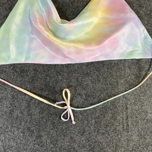 RESA Pastel Rainbow Tie Dye Cowl Neck Halter Top Shimmer Satin XS Made in LA Y2K thumbnail 3