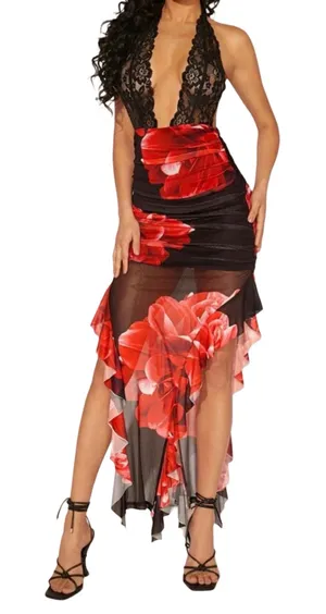 Boutique Red and Black floral halter maxi dress thumbnail 1