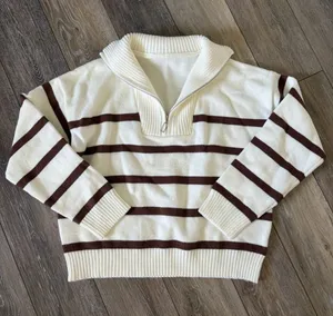 Amazon Cream and Brown Striped Shawl Collar Sweater thumbnail 1