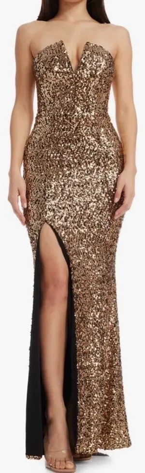 NEW Dress the Population Fernanda Gold Sequin Strapless Gown Sz L thumbnail 1