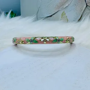 Light pink & green Flower Enamel Cloisonne Bracelet Bangle thumbnail 4