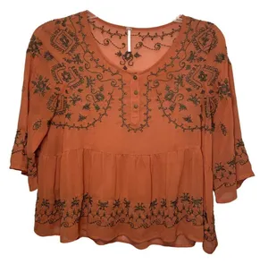 Free People Pennies Sequel Embroidered Peasant Semi-Sheer Blouse Sz M thumbnail 6