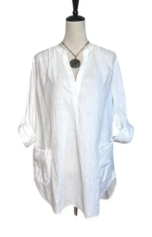 Seafolly White Cotton Tunic Beach Cover Up Roll Tab Sleeve M‎ Minimalist Travel thumbnail 1
