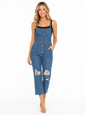 Forever 21 Denim Button Front Distressed Cropped Overalls Jumpsuit M thumbnail 2