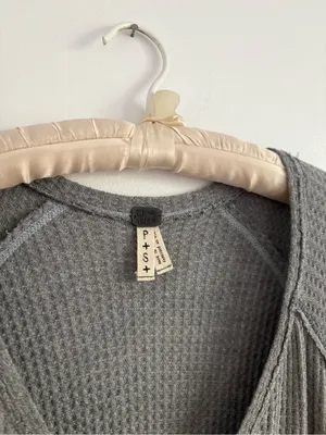 Free People We The Free Grey Thermal Long Sleeve Waffle Knit Oversized Top thumbnail 4