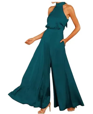 NEW Satin Sleeveless Halter Jumpsuit Pockets Wide Leg L thumbnail 1