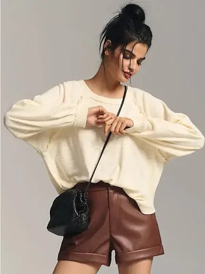 Anthropologie Pilcro Ruffled Raglan Thermal Top in Cream thumbnail 1