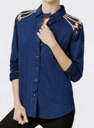 Free People Blue Polka Dot Western Button Down Festival Long Sleeve Flannel‎ Top thumbnail 1