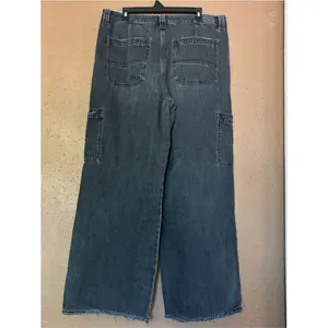 American Eagle Wide Leg Cargo Jeans Black High Rise Raw Hem 16 Long thumbnail 2