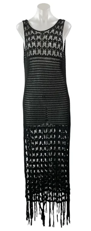 Zara Women's Black Sleeveless Open Knit Crochet Fringed Tasseled Maxi Dress Sz M thumbnail 1
