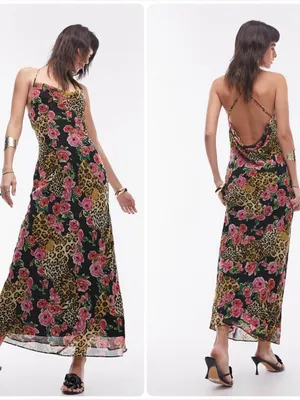 NWT Topshop Cami Slip Midi Dress in Leopard and Rose Print Size 2 thumbnail 2