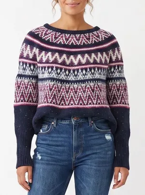 Sleeping on Snow Sweater Womens O/S Fair Isle Dolman Navy Pink Knit Excellent thumbnail 1