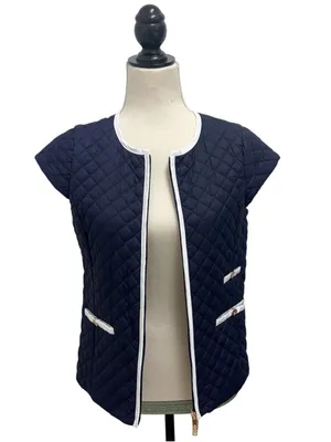 Patty Kim Navy Blue White Trim Quilted Zip Up Cap Sleeve Lightweight Vest XS thumbnail 3