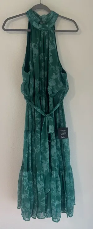 Lulus Float to You Green Floral Print Halter-Neck Tiered Midi Dress NWT XL thumbnail 1