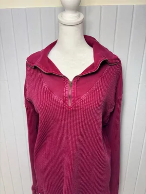 Free People Ashton Wine Half-Zip‎ Waffle Knit Pullover Size XL thumbnail 6