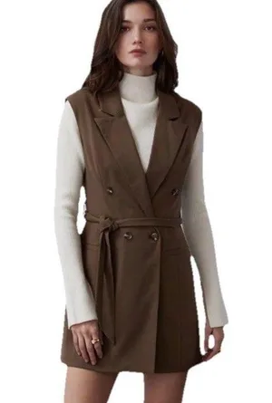 Crescent Sleeveless Vest Blazer Dress M Brown Twee Preppy thumbnail 1