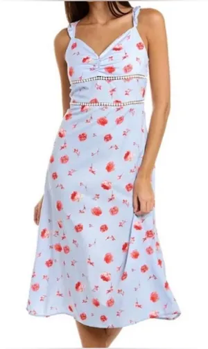 Zara Printed Light Blue Floral Linen Midi Dress Size M thumbnail 1