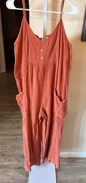 Easel Terracotta Rust Gauze Wide Leg Jumpsuit Adjustable Straps Pockets Medium thumbnail 1