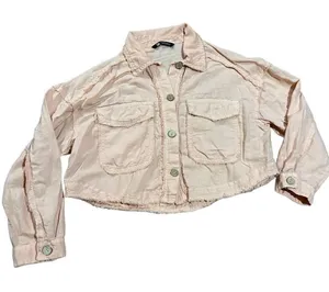 Zara Cropped Linen‎ Blend Jacket Peach Pink Frayed Raw Hem Utility sz M thumbnail 1