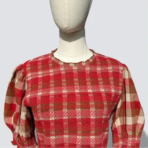 AUREUM Smocked Checkered Mini Dress Red Brown Plaid Cottagecore Prairie Size S thumbnail 4