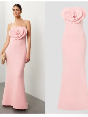 Badgley Mischka Strapless Pink Maxi Gown with Floral Appliqué 10 thumbnail 2