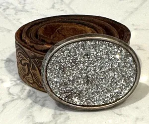 Vintage Y2K glittery silver oval buckle brown leather tooled belt size XL thumbnail 1