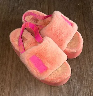 UGG Coral Pink Fuzzy Platform Slide Sandals thumbnail 1
