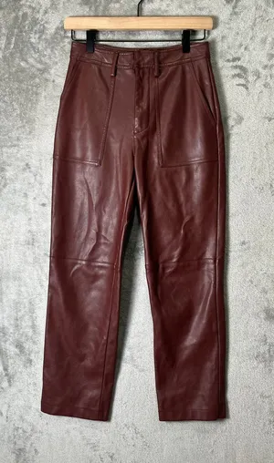 7 For All Mankind Faux Leather Straight Leg Pants Brown High Rise Women's XS thumbnail 1
