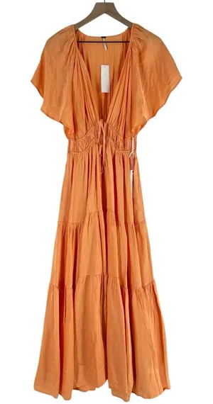 Young Fabulous & Broke Mara Dress Orange Plunging V-Neck‎ Satin Tiered Maxi M thumbnail 1