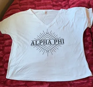 Alpha Phi Sorority White V-Neck Tee Short Sleeve Greek Life Shirt Size M thumbnail 1