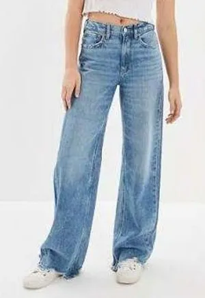 American Eagle 16 Jeans Super High Rise Baggy Wide Leg Raw Hem Blue Denim Grunge thumbnail 1