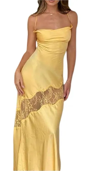 Yellow Satin Maxi Slip Dress with Lace Insert thumbnail 1