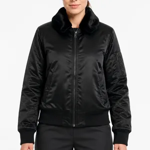 GAP Black Faux Fur Lined Bomber Jacket Size Small Satin Finish Full Zip Coat thumbnail 1