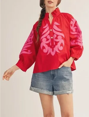 Amazon Womens Baroque Applique Blouses Ruffled V-Neck 3/4 Puff Sleeves Top Floral Embroidered Button Down Shirt thumbnail 2